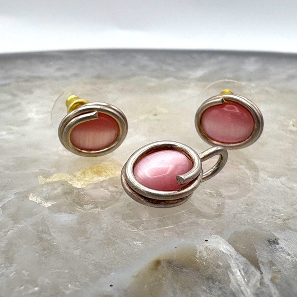 Jewelry - Sterling Silver Mexican Pink Cat's Eye Stone Pendant & Earrings Set